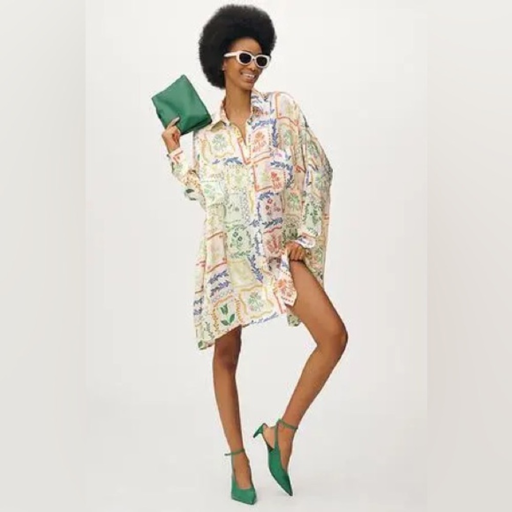Corey Lynn Calter Anthropologie Colorful Floral Patchwork Shirt Dress - Medium - Picture 4 of 10